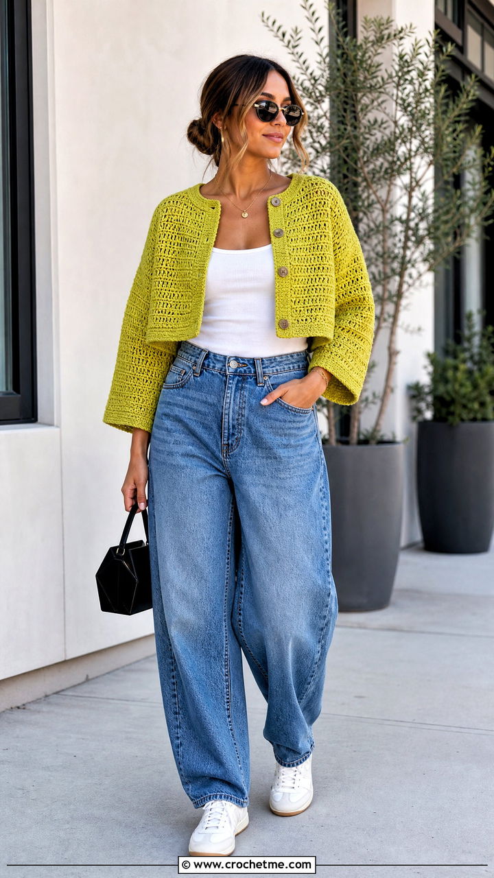 Boxy Cropped Crochet Cardigan With Barrel Jeans - 35 crochet cardigan ideas