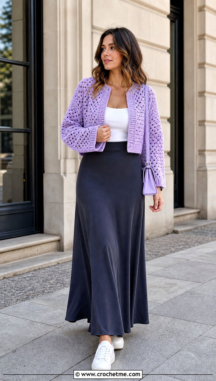 Boxy Cropped Crochet Cardigan With Maxi Skirt - 30 fast crochet cardigan outfit ideas