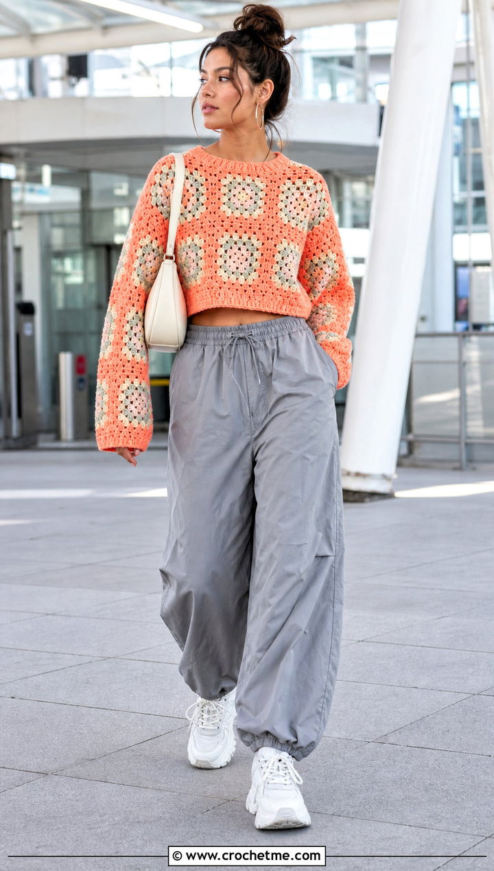 Boxy Cropped Granny Square Pullover Sweater With Parachute Pants - 35 Granny Square Pullover Sweater outfit ideas
