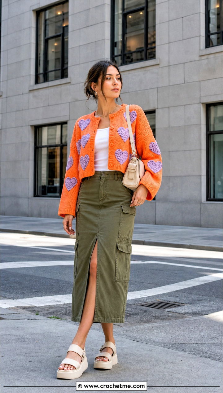 Boxy Cropped Heart Cardigan With Cargo Midi Skirt - 35 crochet heart cardigan outfit ideas