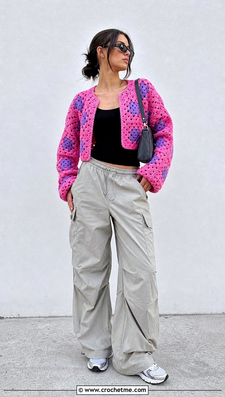Boxy Cropped Pink Granny Square Cardigan With Parachute Pants - 35 pink granny square cardigan outfit ideas