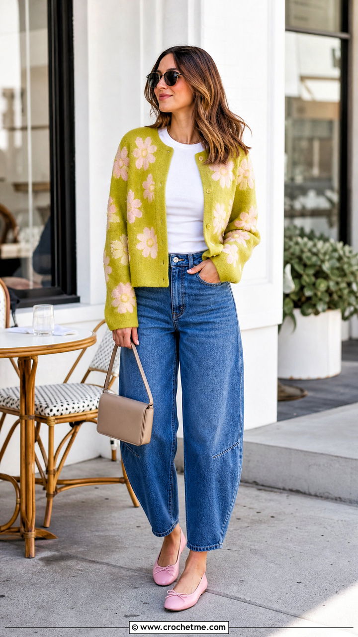 Boxy Daisy Cardigan With Barrel Jeans - 35 Crochet Daisy Cardigan outfit ideas