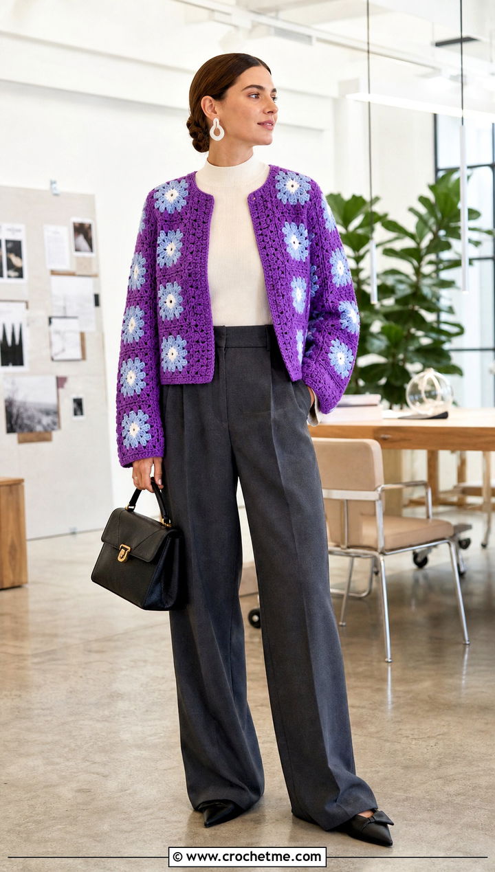 Boxy Daisy Granny Square Cardigan With Wide Leg Trousers - 25 Daisy Granny Square Cardigan outfit ideas