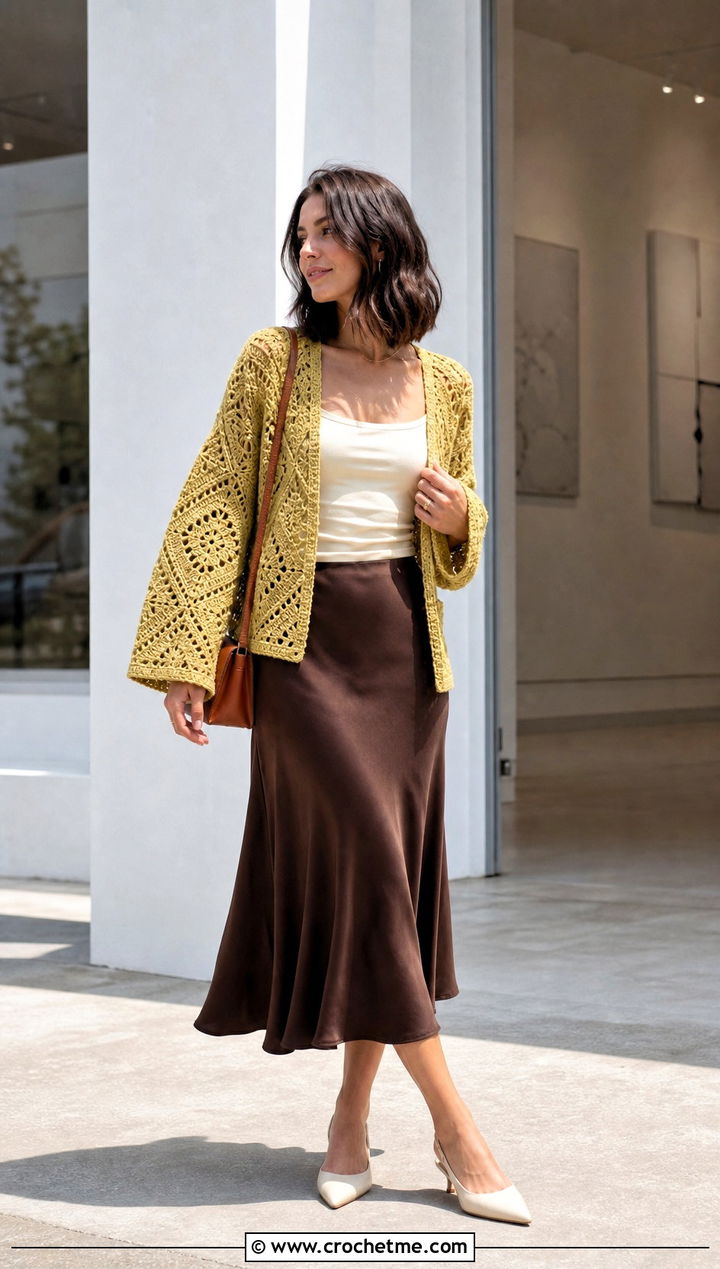 Boxy Diamond Crochet Cardigan With Bias Cut Skirt - 30 diamond crochet cardigan outfit ideas
