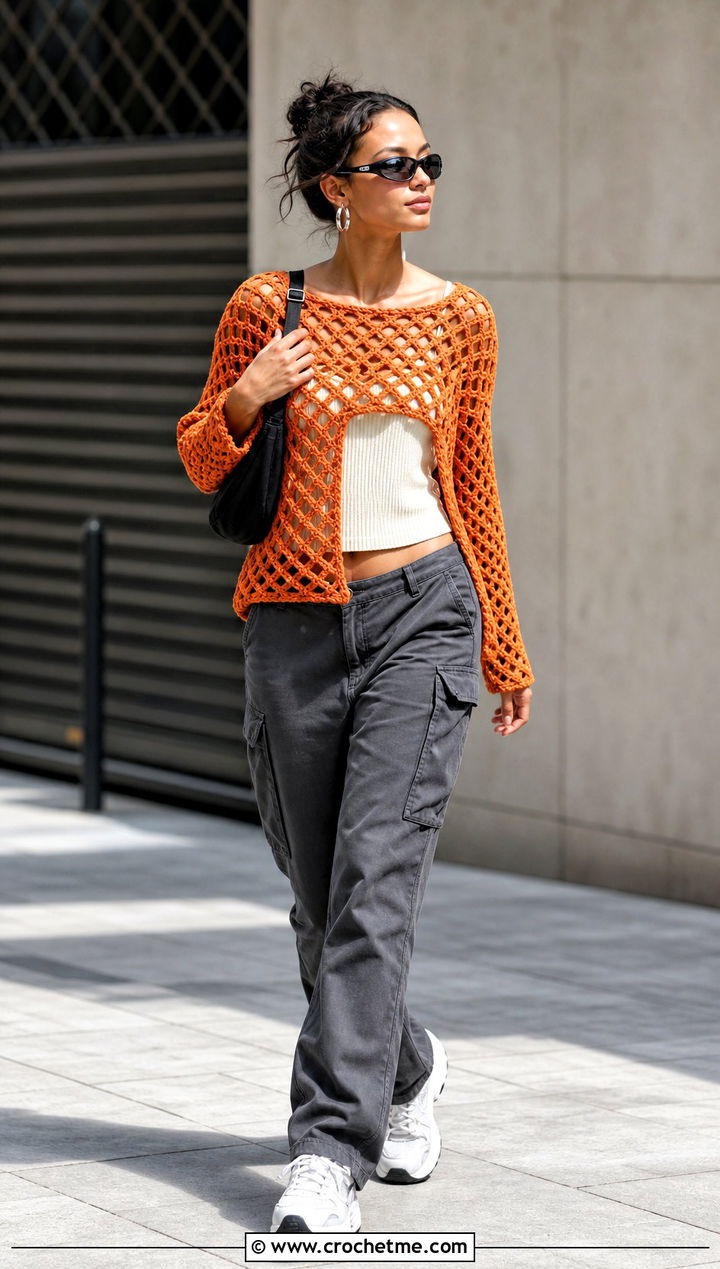 Boxy Diamond Mesh Stitch Crochet Top With Cargo Pants - 25 Diamond Mesh Stitch Crochet Top outfit ideas