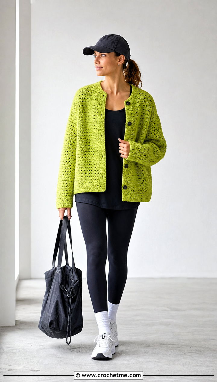 Boxy Drop Shoulder Knit Look Crochet Cardigan With Leggings - 25 Knit Look Crochet Cardigan outfit ideas