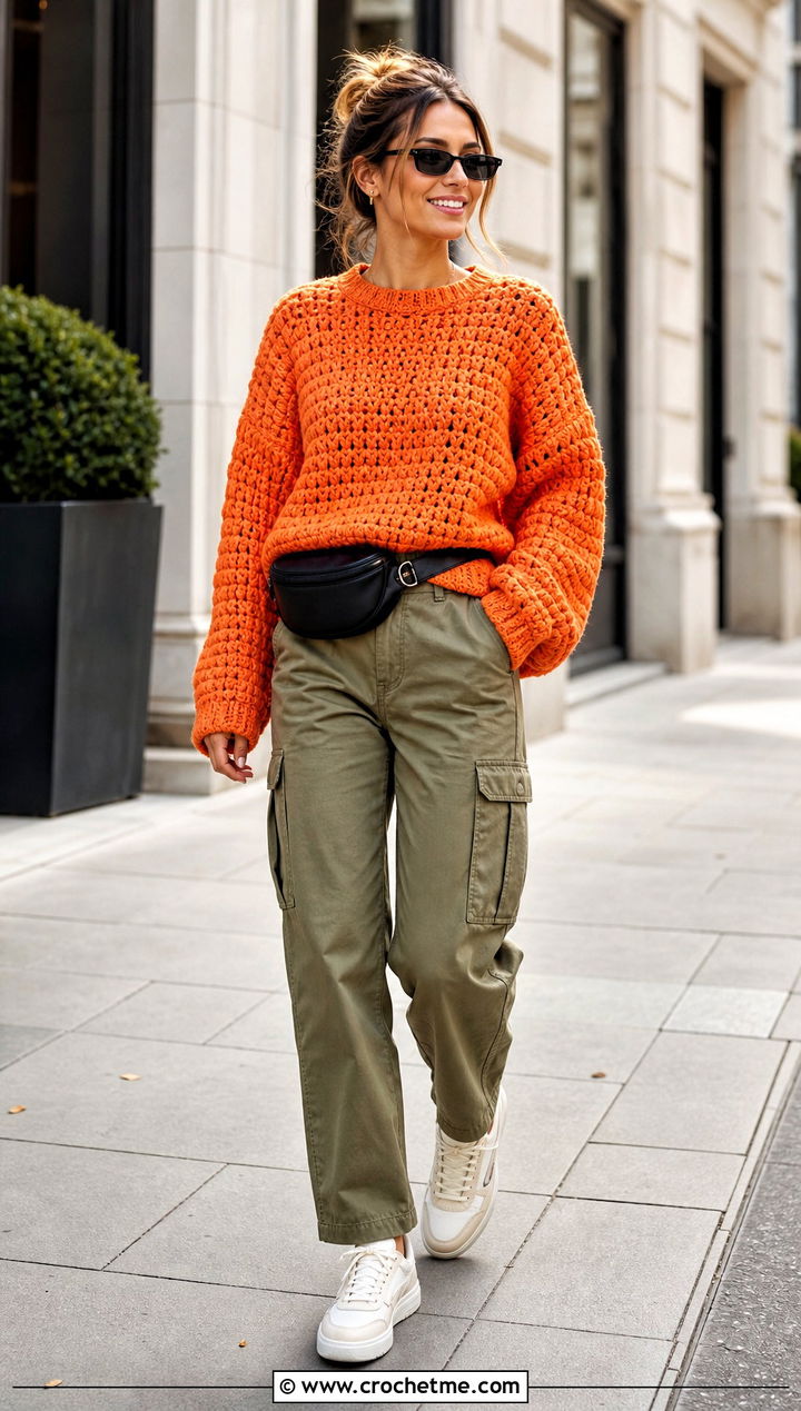 Boxy Drop Shoulder Thick Yarn Crochet Sweater With Cargo Pants - 25 thick yarn crochet sweater outfit ideas