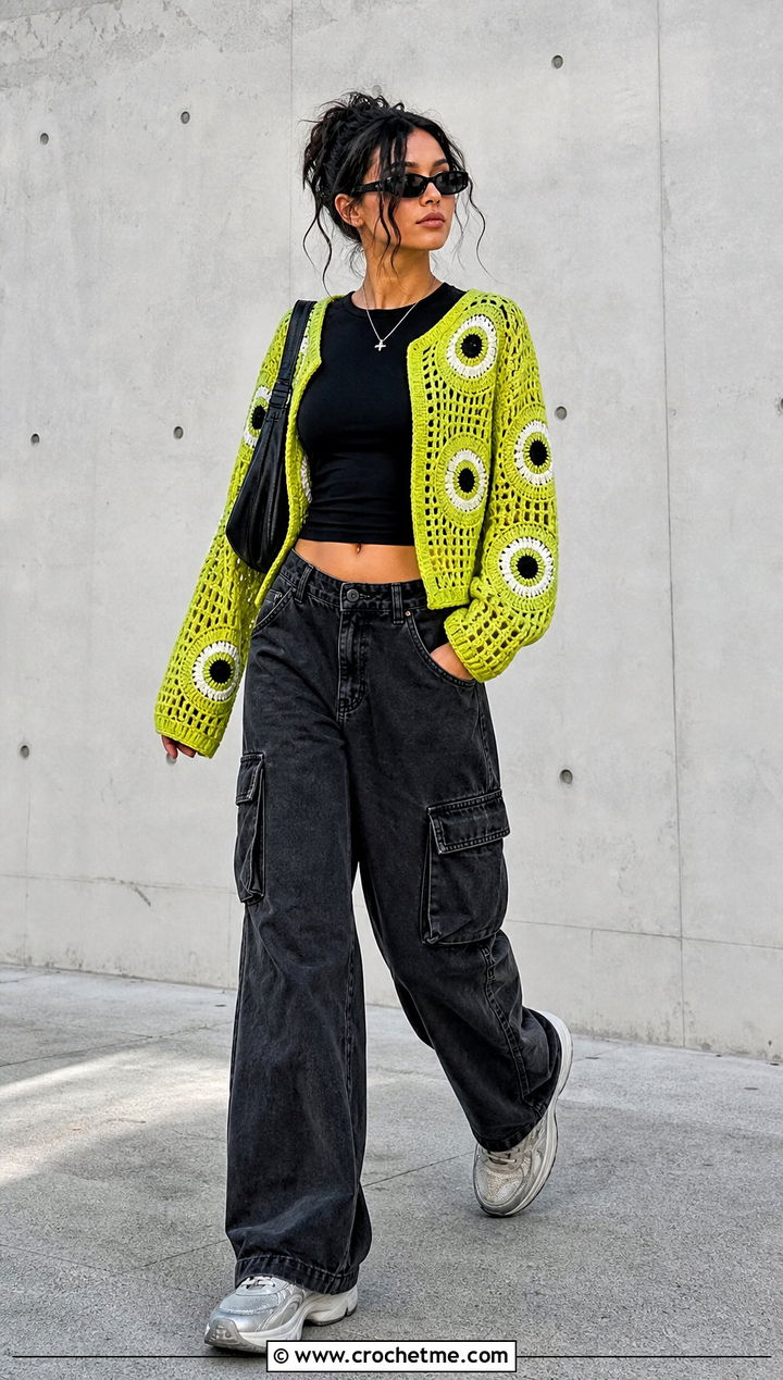 Boxy Eyeball Cardigan With Cargo Pants - 15 Crochet Eyeball Cardigan outfit ideas