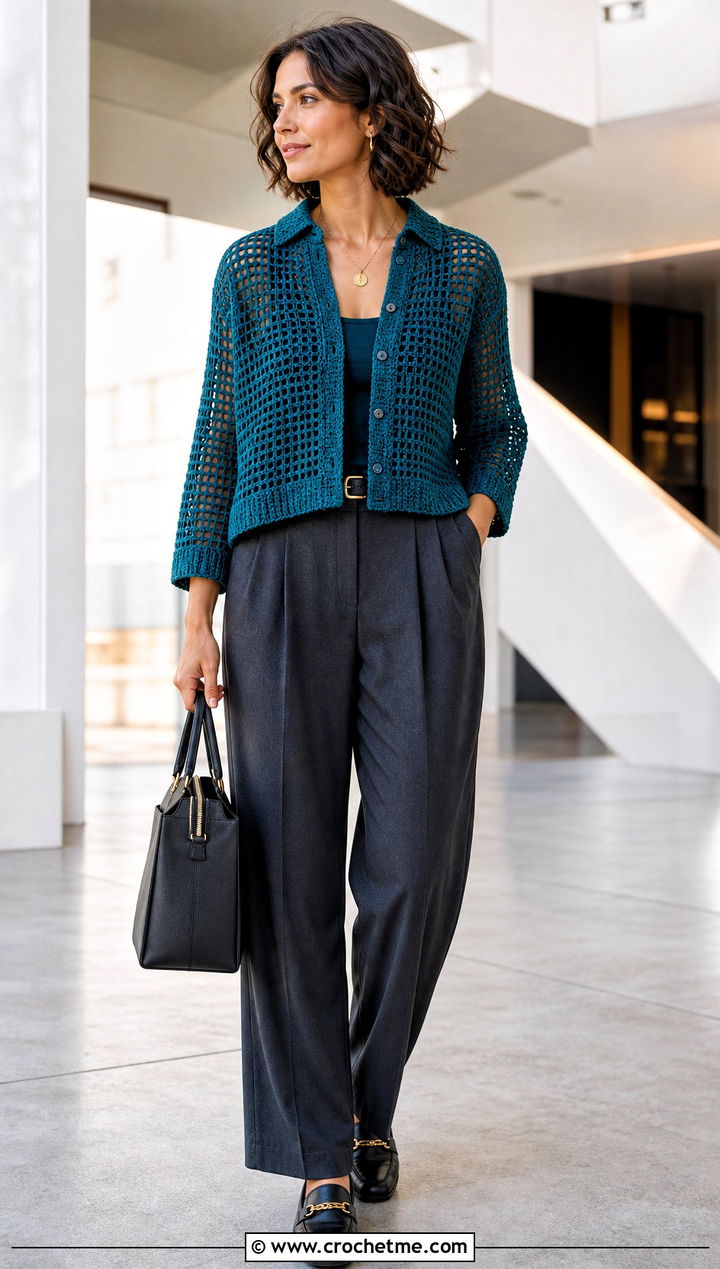 Boxy Filet Crochet Shirt With Tailored Trousers - 30 filet crochet shirt outfit ideas