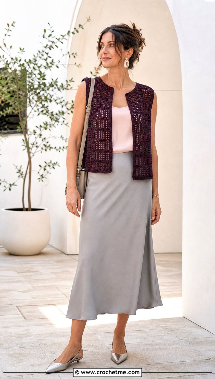 Boxy Filet Crochet Vest With Bias Cut Skirt - 35 filet crochet vest outfit ideas