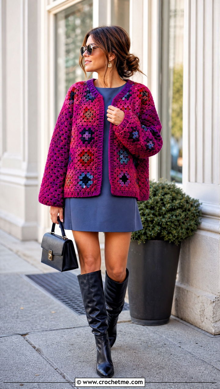 Boxy Folklore Crochet Cardigan With Mini Shift Dress - 30 folklore crochet cardigan outfit ideas