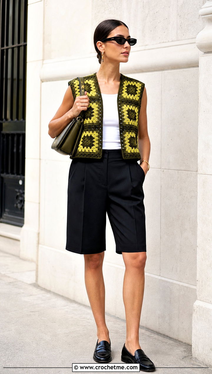 Boxy Geometric Granny Square Crochet Vest With Bermuda Shorts - 25 Granny Square Crochet Vest outfit ideas