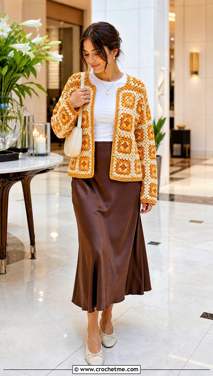 Boxy Giant Granny Square Cardigan With Satin Skirt - 35 giant granny square cardigan outfit ideas