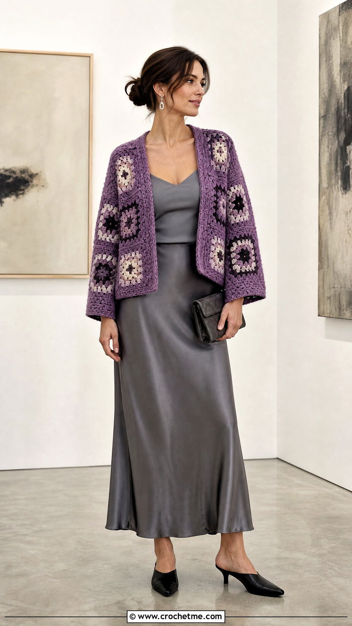 Boxy Granny Cardigan With Slip Skirt - 35 crochet granny cardigan outfit ideas
