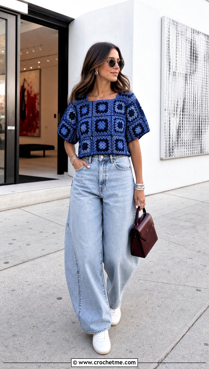 Boxy Granny Square Blouse With Barrel Jeans - 35 Granny Square Blouse outfit ideas