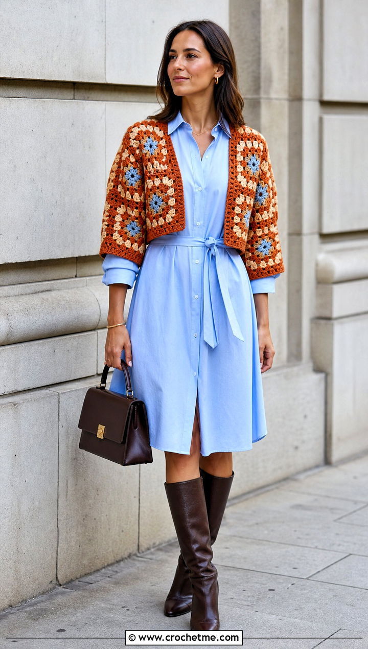 Boxy Granny Square Bolero With Shirt Dress - 35 granny square bolero outfit ideas