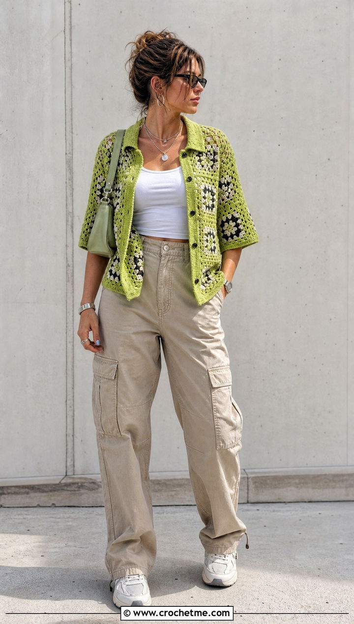 Boxy Granny Square Button Up Shirt With Cargo Pants - 25 Granny Square Button Up Shirt outfit ideas