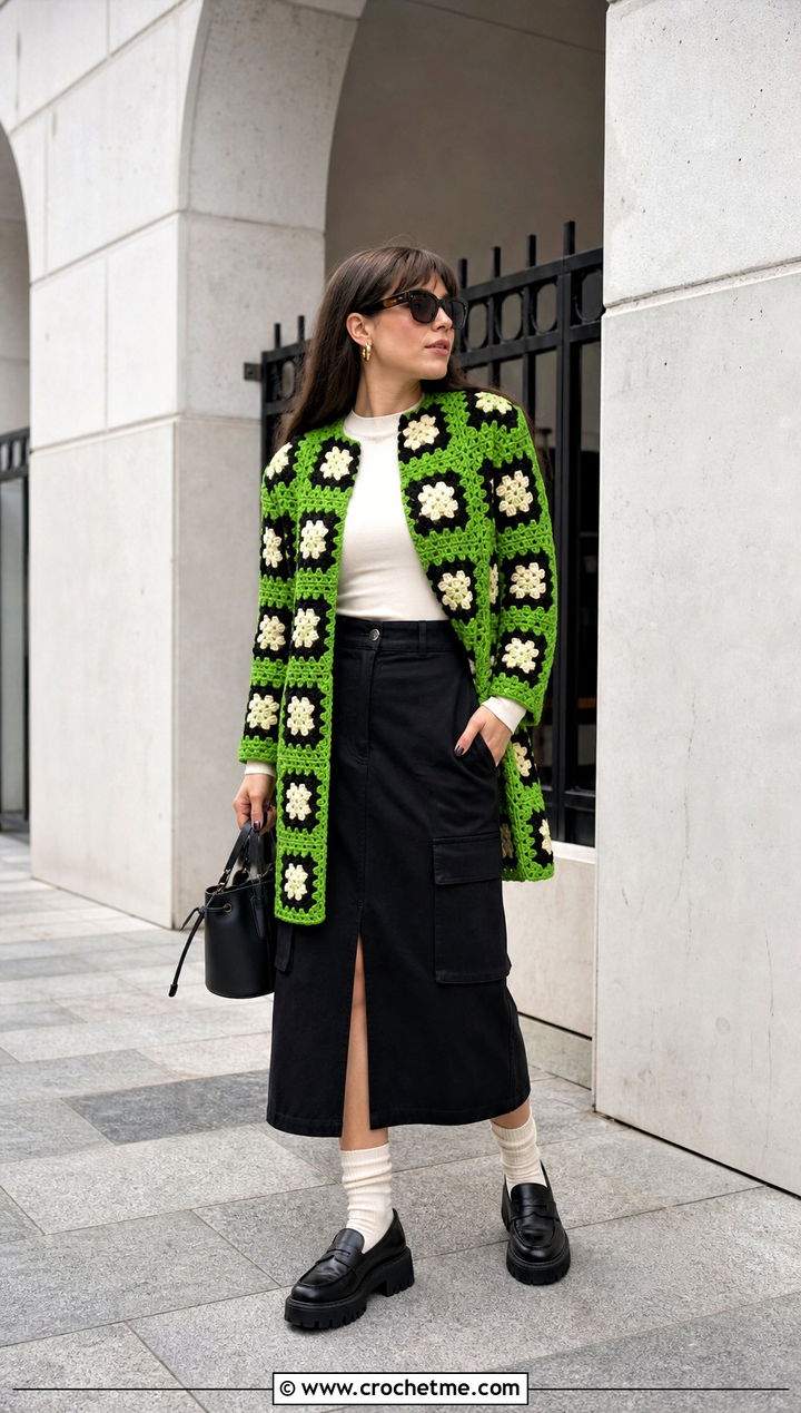Boxy Granny Square Car Coat With Utility Skirt - 15 Granny Square Car Coat outfit ideas