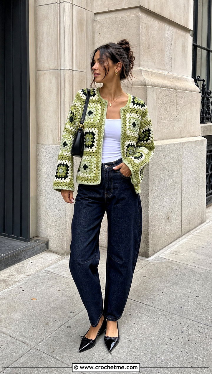 Boxy Granny Square Cardigan With Barrel Jeans - 30 granny squares cardigan outfit ideas