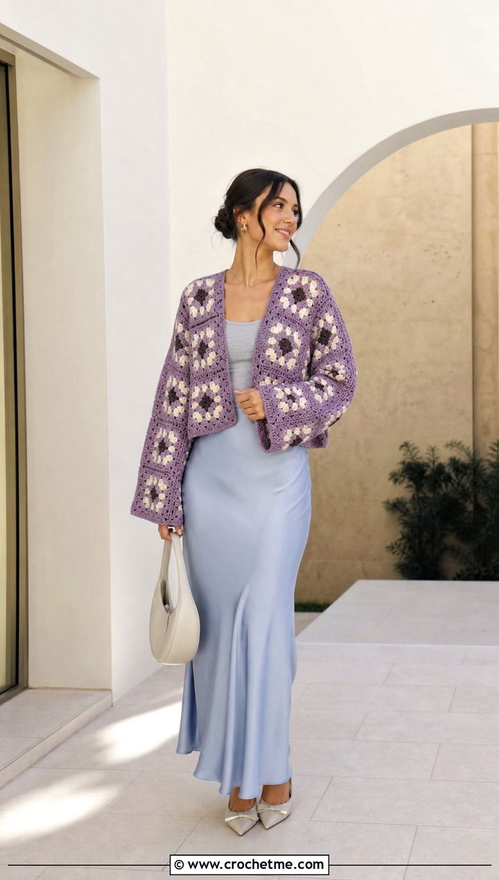 Boxy Granny Square Cardigan With Bias Cut Skirt - 35 Easy Simple Crochet Granny Square Cardigan outfit ideas