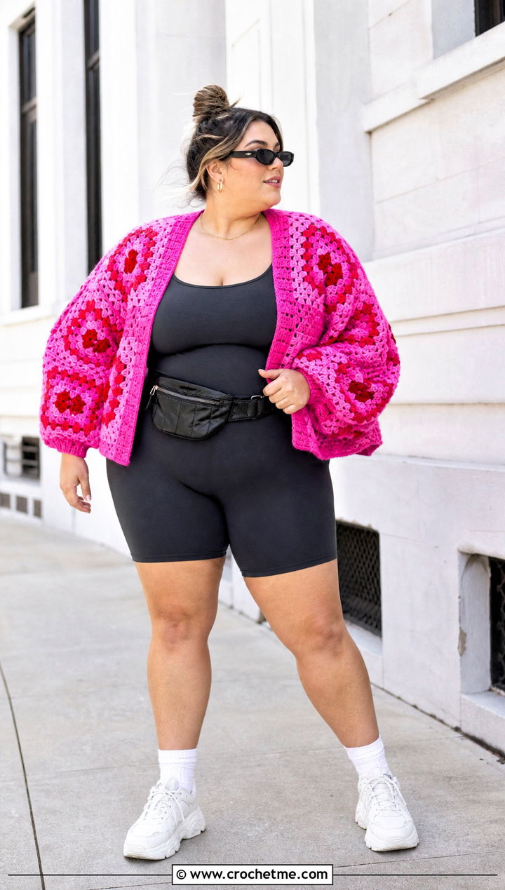 Boxy Granny Square Cardigan With Bike Shorts - 30 plus size crochet granny square cardigan outfit ideas