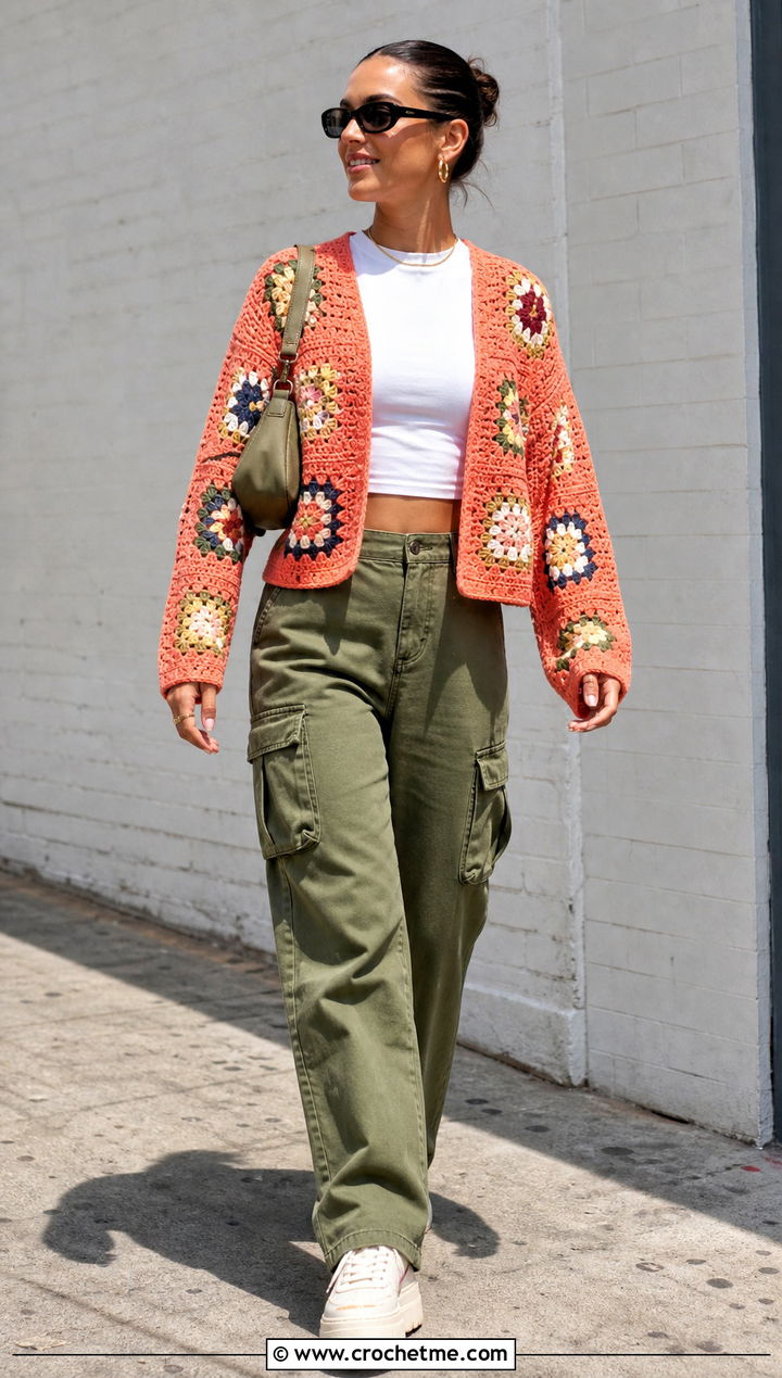 Boxy Granny Square Cardigan With Cargo Pants - 15 originally lovely granny square cardigan outfit ideas
