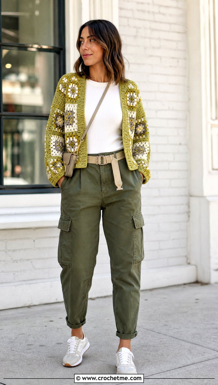Boxy Granny Square Cardigan With Cargo Pants - 20 Crochet Fall Granny Square Cardigan outfit ideas