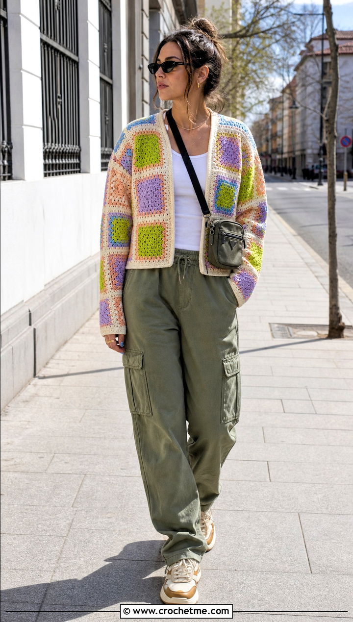 Boxy Granny Square Cardigan With Cargo Pants - 25 pastel granny square cardigan outfit ideas