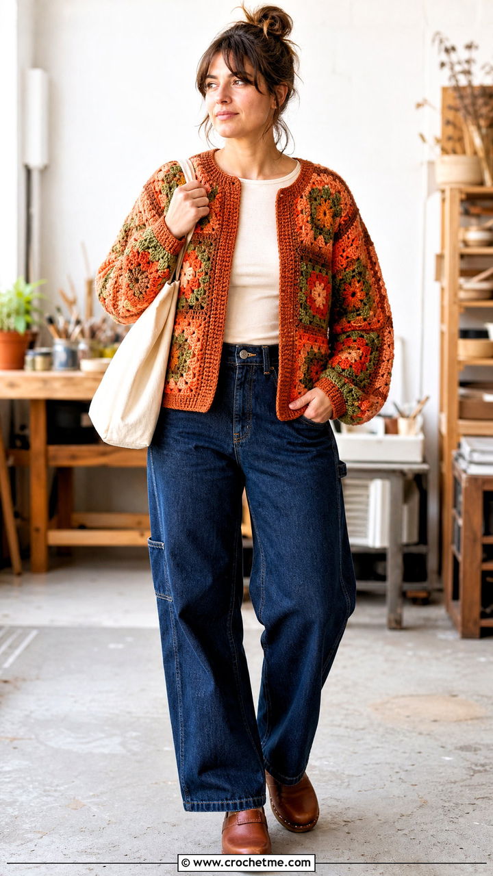 Boxy Granny Square Cardigan With Carpenter Jeans - 35 crochet granny square cardigan outfit ideas