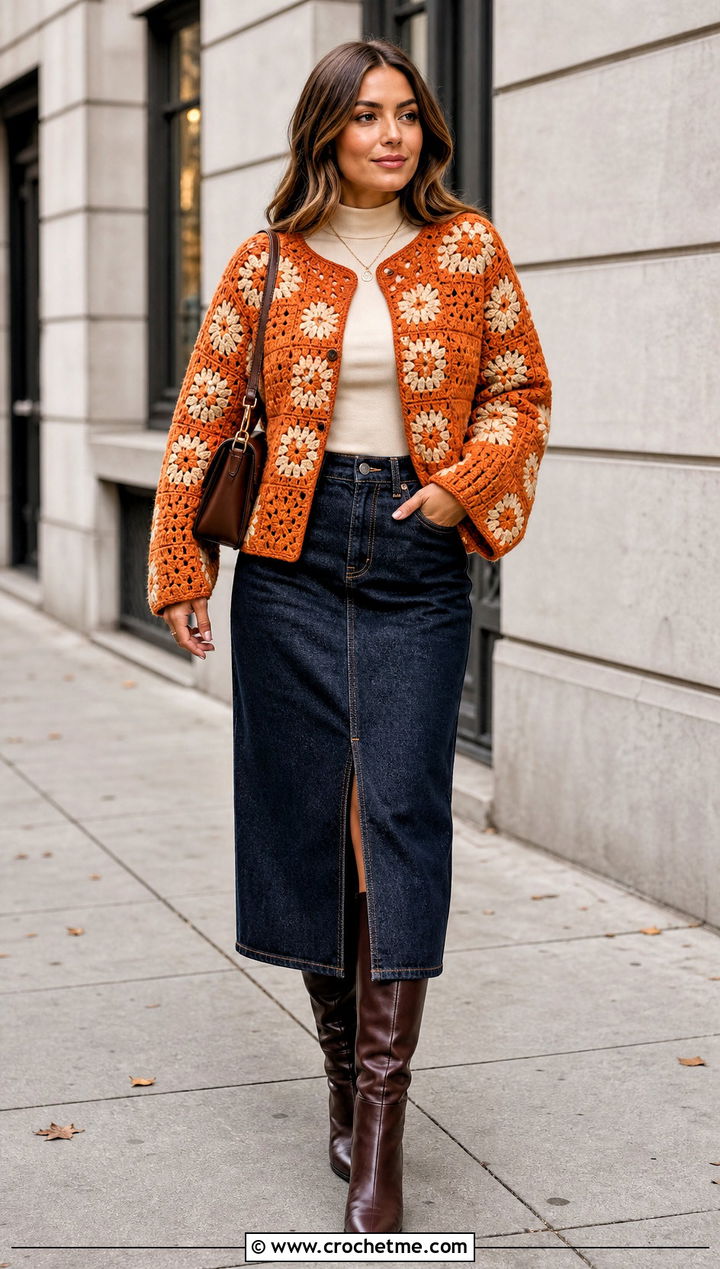 Boxy Granny Square Cardigan With Denim Midi Skirt - 15 Never Off Granny Square Cardigan outfit ideas