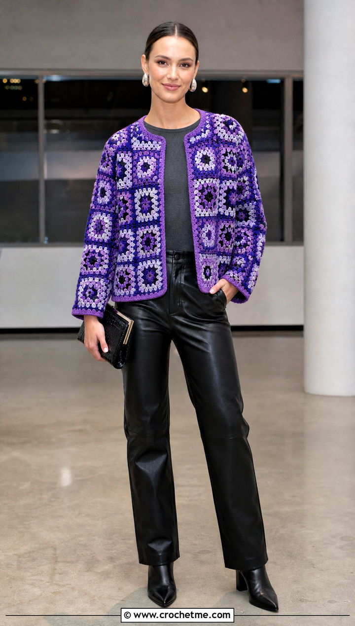 Boxy Granny Square Cardigan With Leather Pants - 15 Womens Granny Square Cardigan outfit ideas