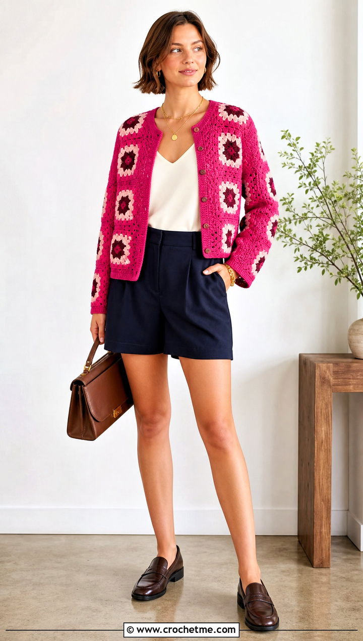 Boxy Granny Square Cardigan With Tailored Shorts - 20 boho granny square cardigan outfit ideas
