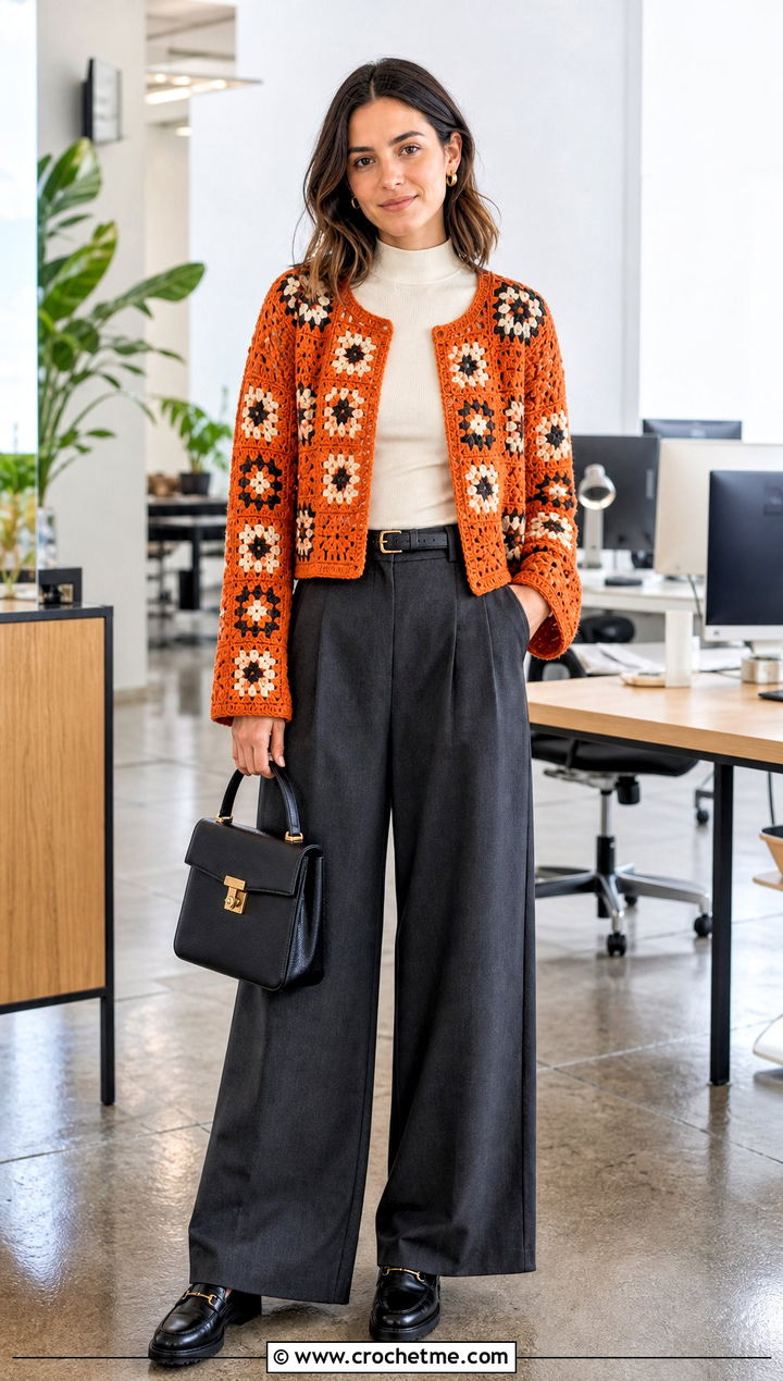 Boxy Granny Square Cardigan With Tailored Trousers - 25 One Granny Square Cardigan outfit ideas