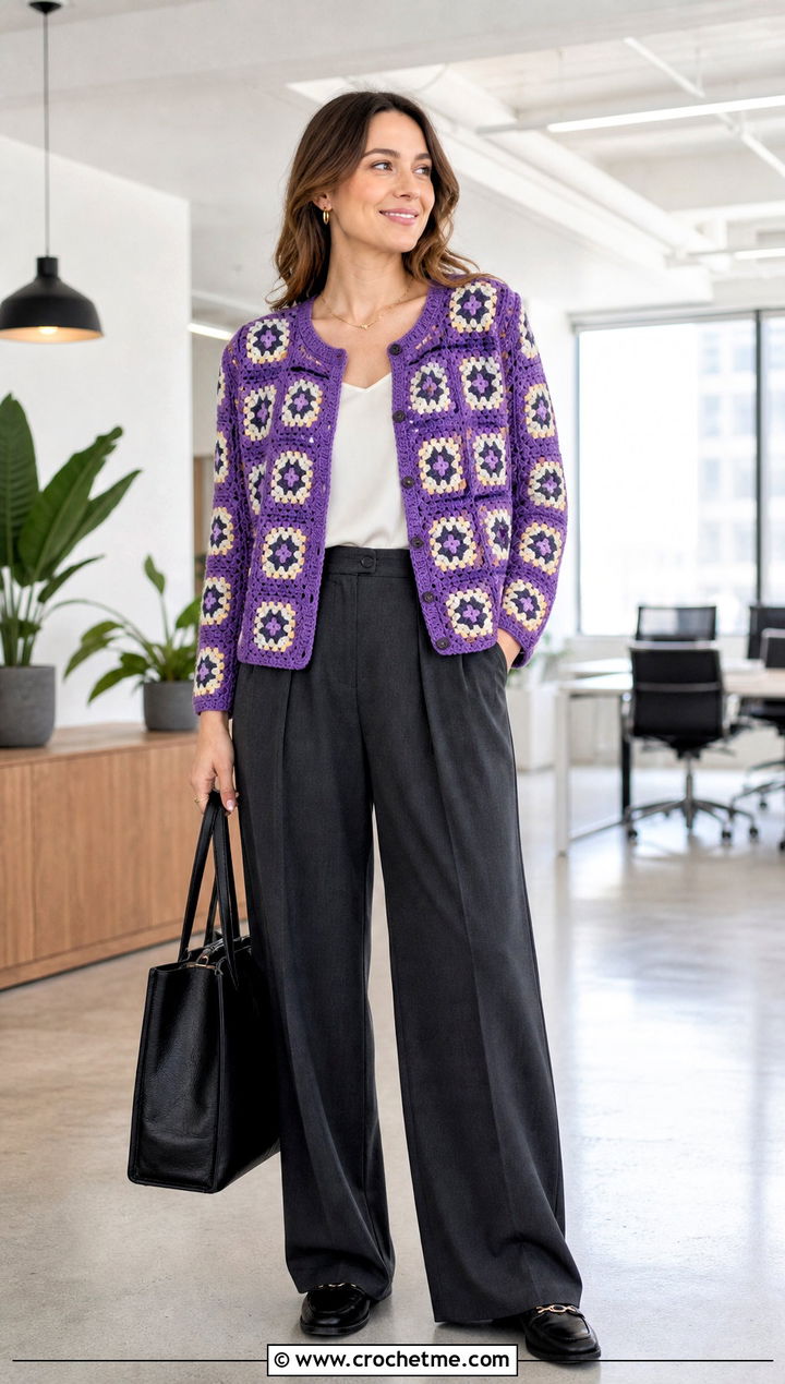 Boxy Granny Square Cardigan With Tailored Trousers - 30 crochet granny squares cardigan outfit ideas