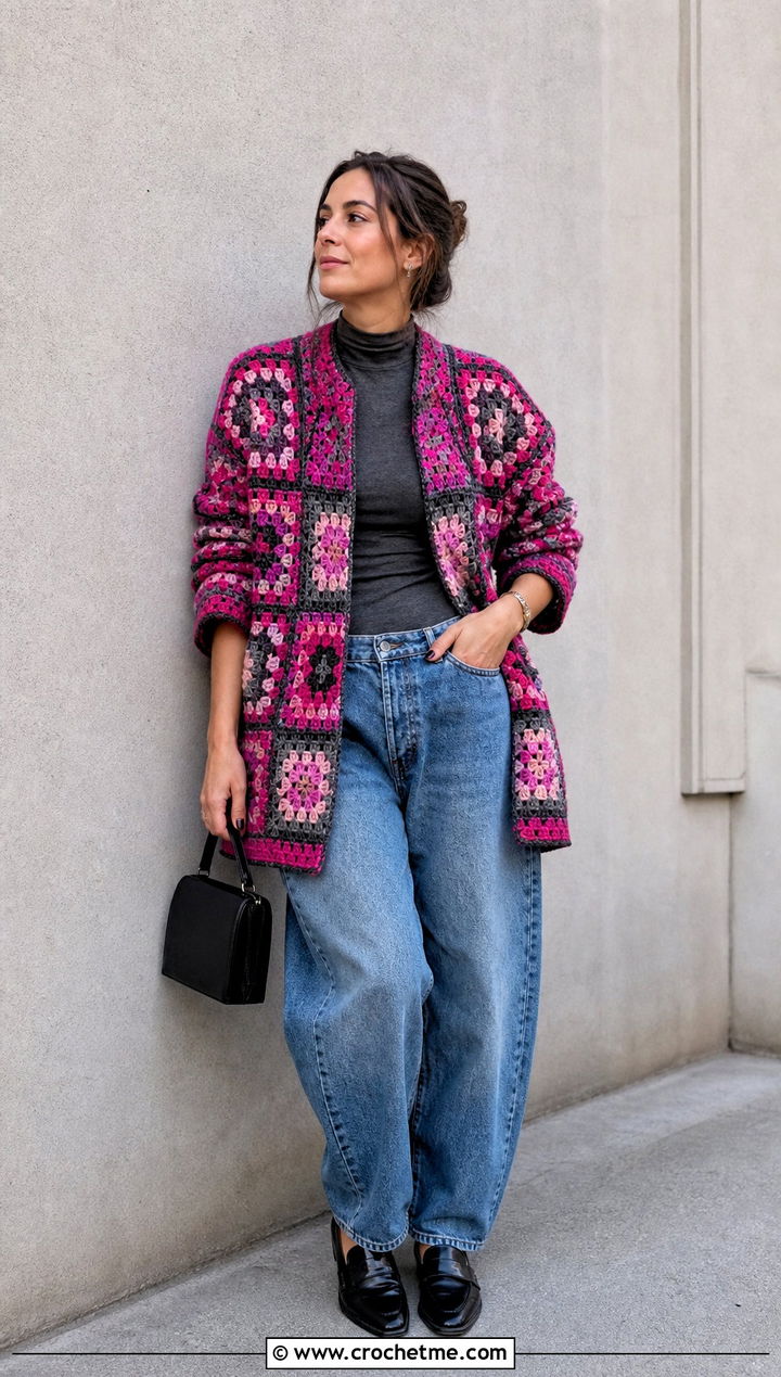 Boxy Granny Square Coat With Barrel Jeans - 30 crochet granny square coat outfit ideas