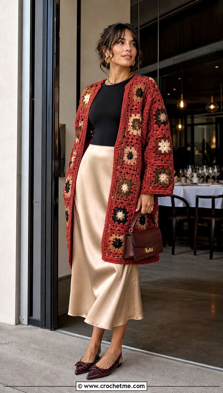 Boxy Granny Square Coat With Satin Midi Skirt - 30 granny square coat outfit ideas