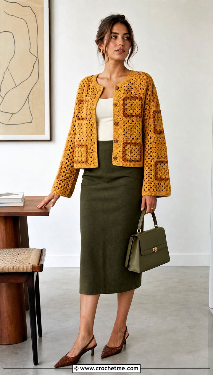 Boxy Granny Square Crochet Cardigan With Pencil Skirt - 25 Crochet Cardigan From Square outfit ideas
