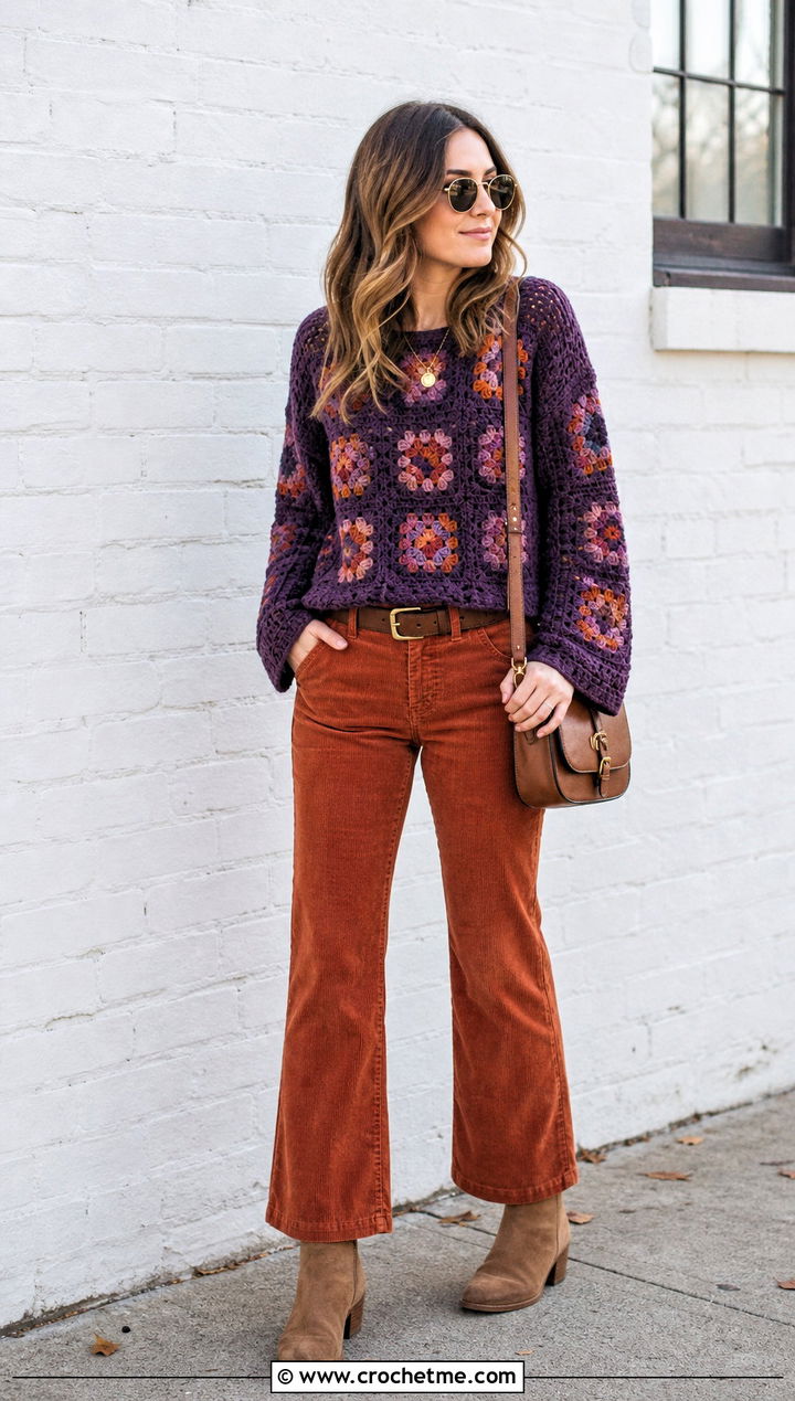 Boxy Granny Square Crochet Long Sleeve Top With Corduroy Pants - 25 Granny Square Crochet Long Sleeve Top outfit ideas