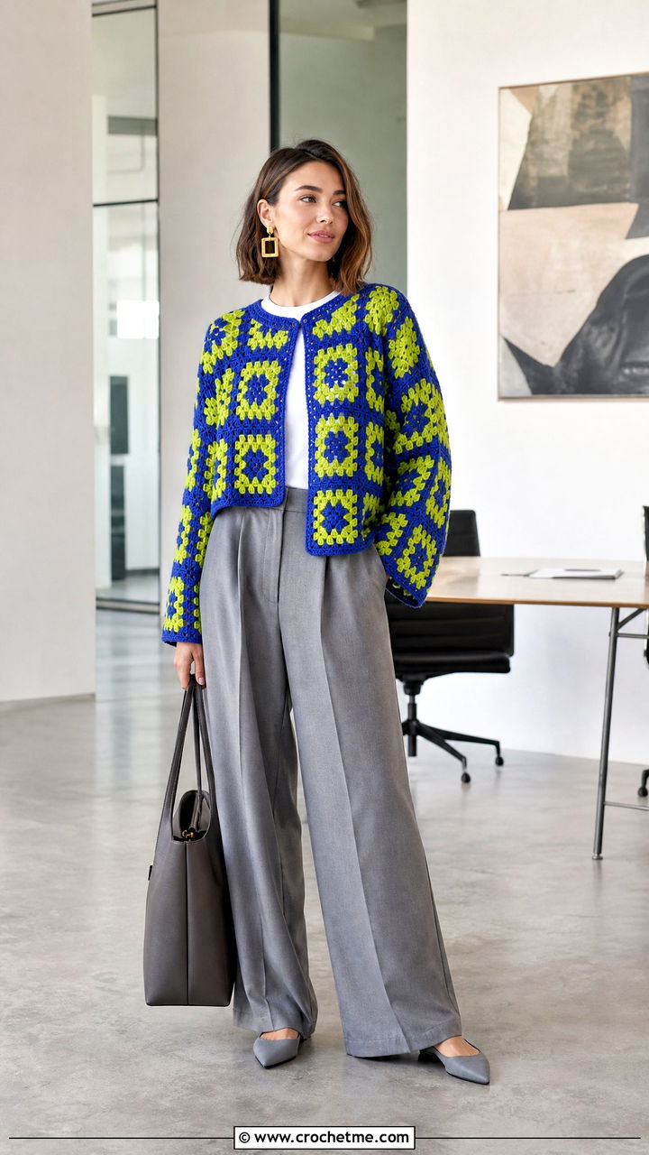 Boxy Granny Square Crochet Sweater With Wide Leg Trousers - 35 granny square crochet sweater outfit ideas