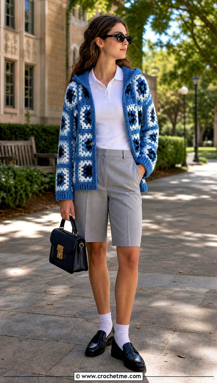 Boxy Granny Square Hooded Cardigan With Bermuda Shorts - 25 Granny Square Hooded Cardigan outfit ideas
