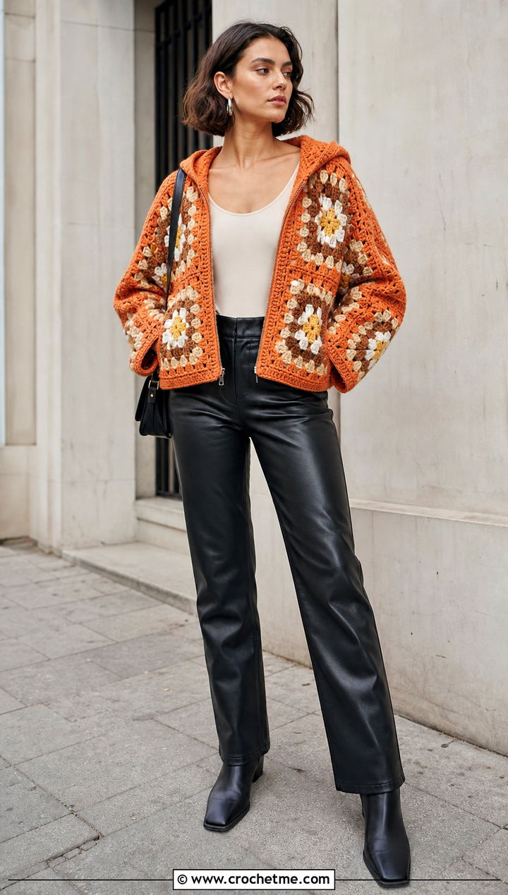 Boxy Granny Square Hooded Jacket With Leather Pants - 25 Granny Square Hooded Jacket outfit ideas