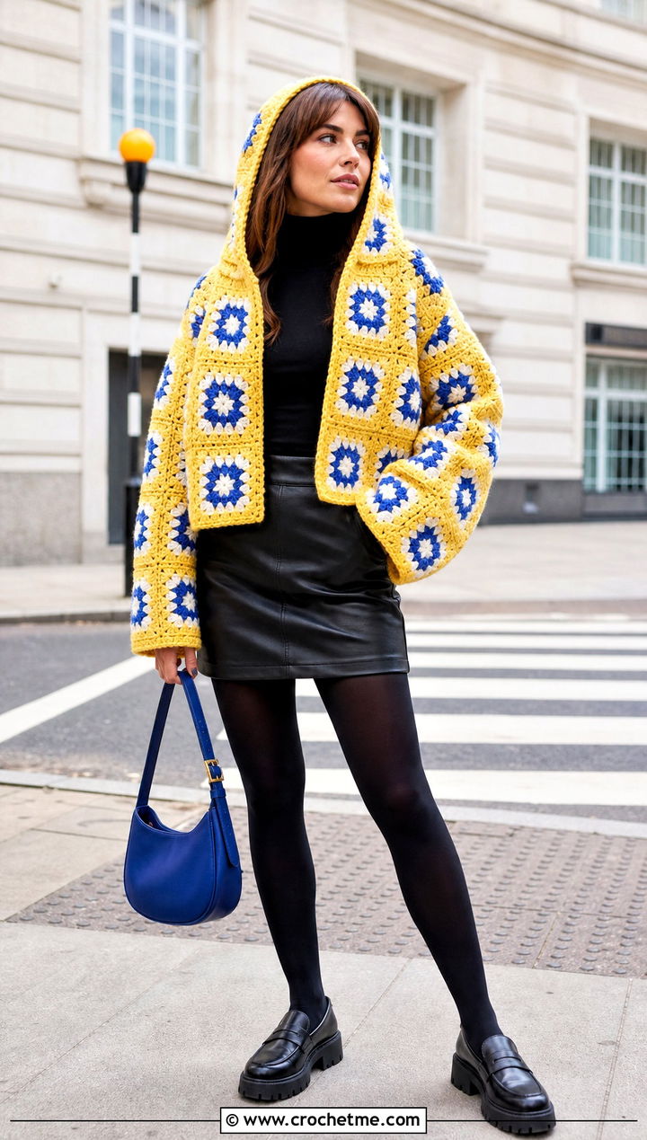 Boxy Granny Square Hooded Jacket With Mini Skirt - 25 Granny Square Hooded Jacket outfit ideas