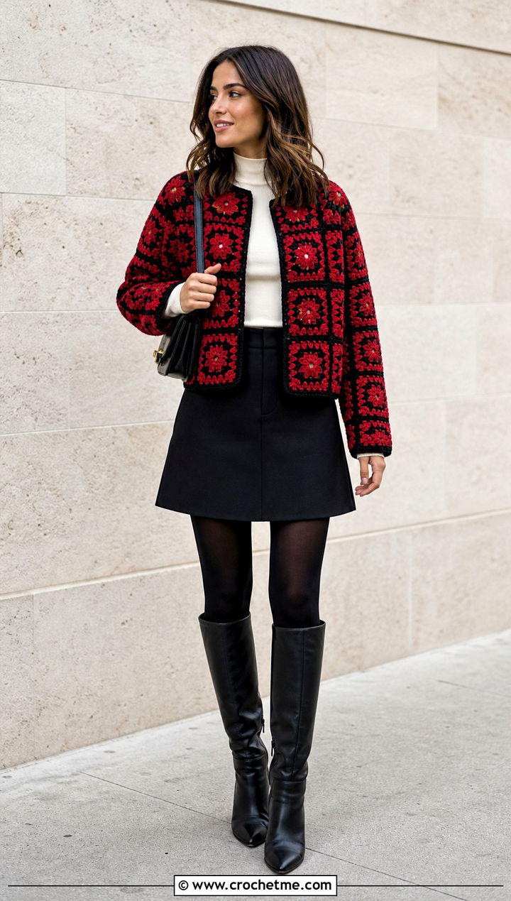 Boxy Granny Square Jacket With Mini Skirt - 30 granny square jackets outfit ideas