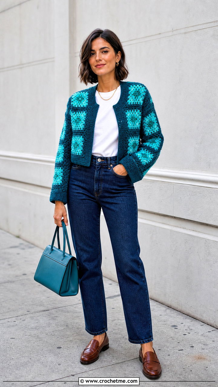 Boxy Granny Square Jacket With Straight Leg Jeans - 35 granny square jacket outfit ideas