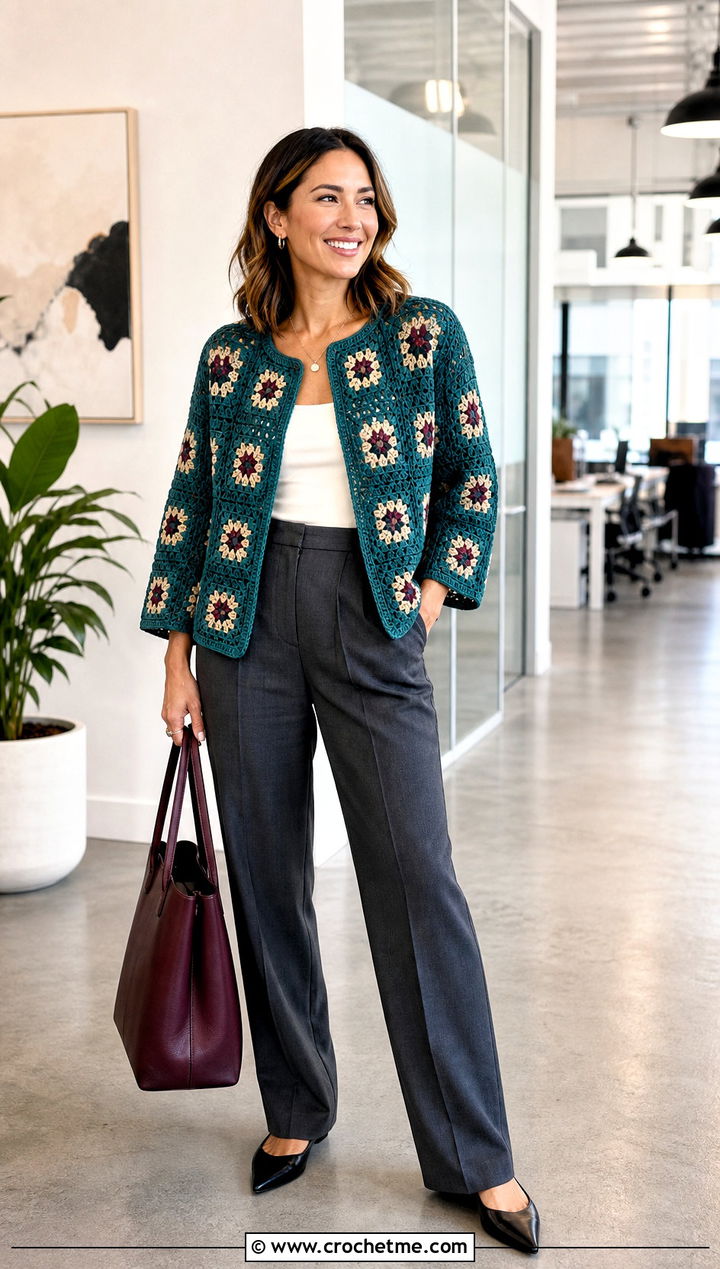Boxy Granny Square Jacket With Tailored Trousers - 30 crochet granny square jacket outfit ideas