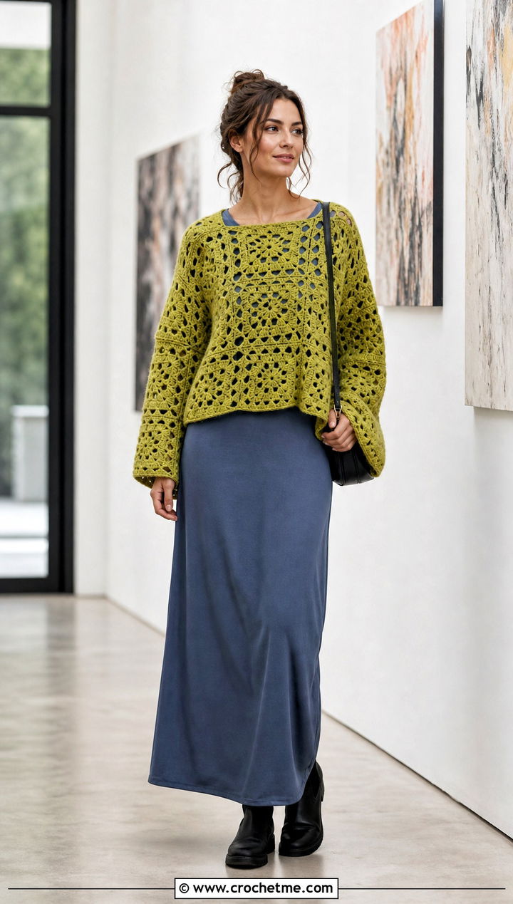 Boxy Granny Square Jumper Over A Maxi Dress - 35 granny square jumper outfit ideas