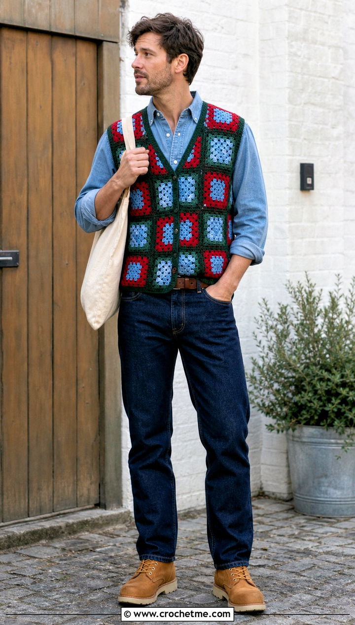 Boxy Granny Square Mens Vest With Double Denim - 25 crochet granny square mens vest outfit ideas