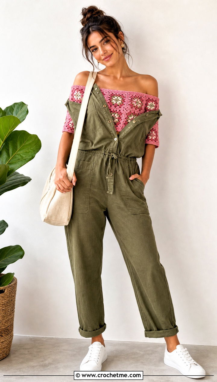 Boxy Granny Square Off The Shoulder Top With Utility Jumpsuit - 25 Granny Square Off The Shoulder Top outfit ideas