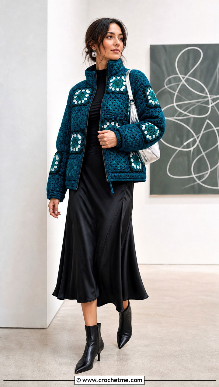 Boxy Granny Square Puffer Jacket With Satin Midi Skirt - 15 granny square puffer jacket outfit ideas