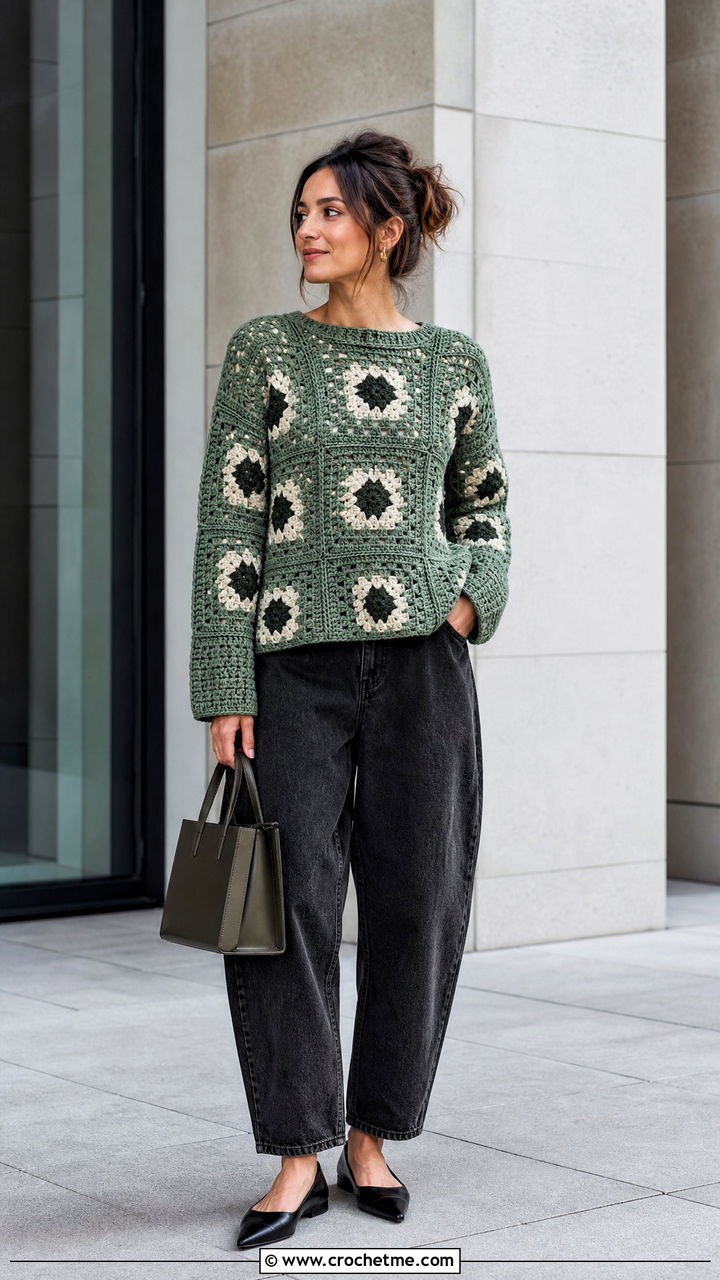 Boxy Granny Square Pullover With Barrel Jeans - 35 granny square sweater outfit ideas